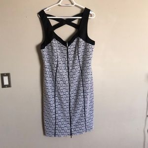 White lace over black sheath dress